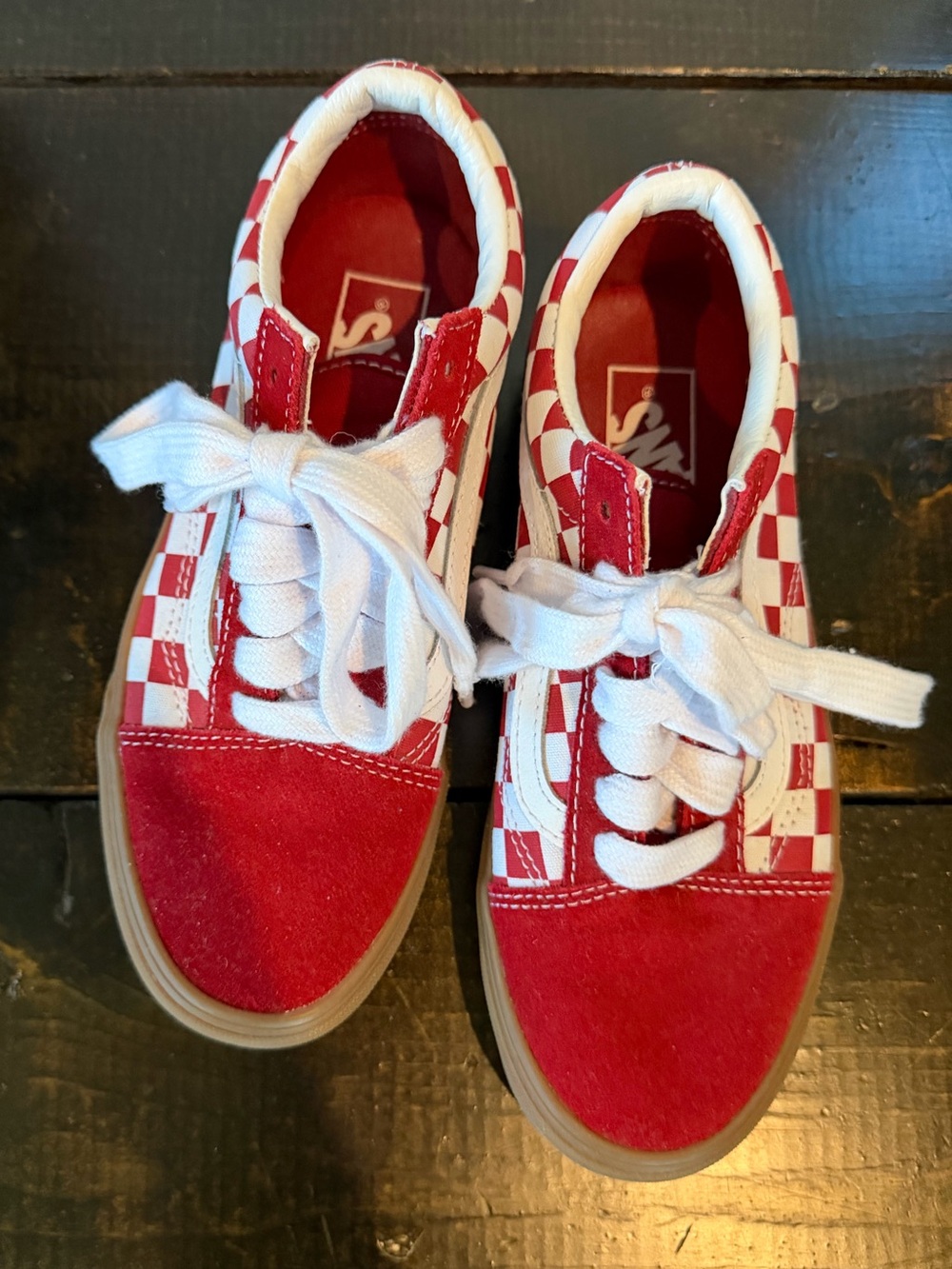 VANS (women) 6.5 Red Checkerboard Lace-Up Sneakers - Picture 4 of 6